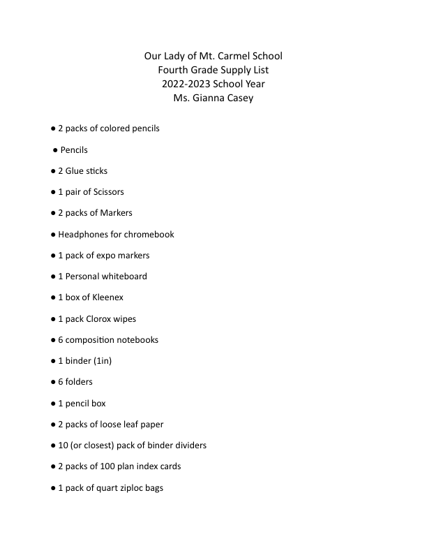 4th Grade Supply List (2022-23) - Casey