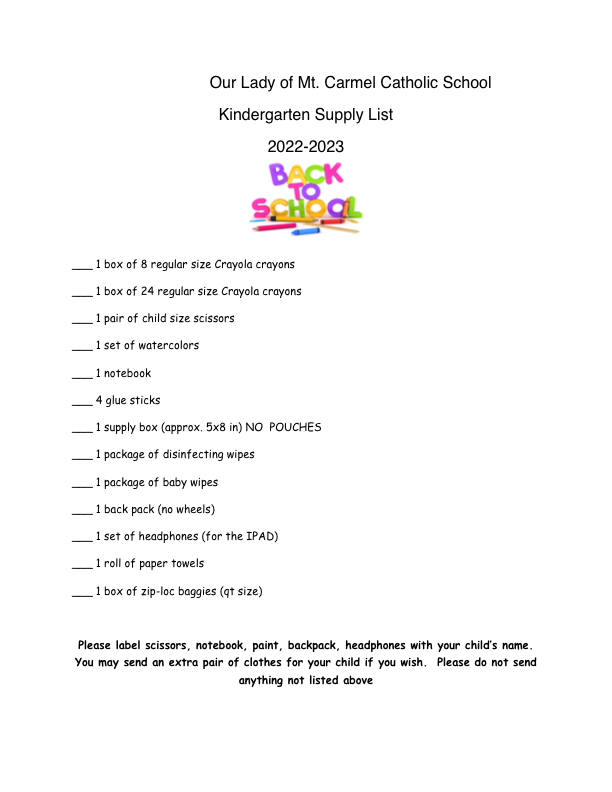 Kindergarten Supply List (2022-2023)