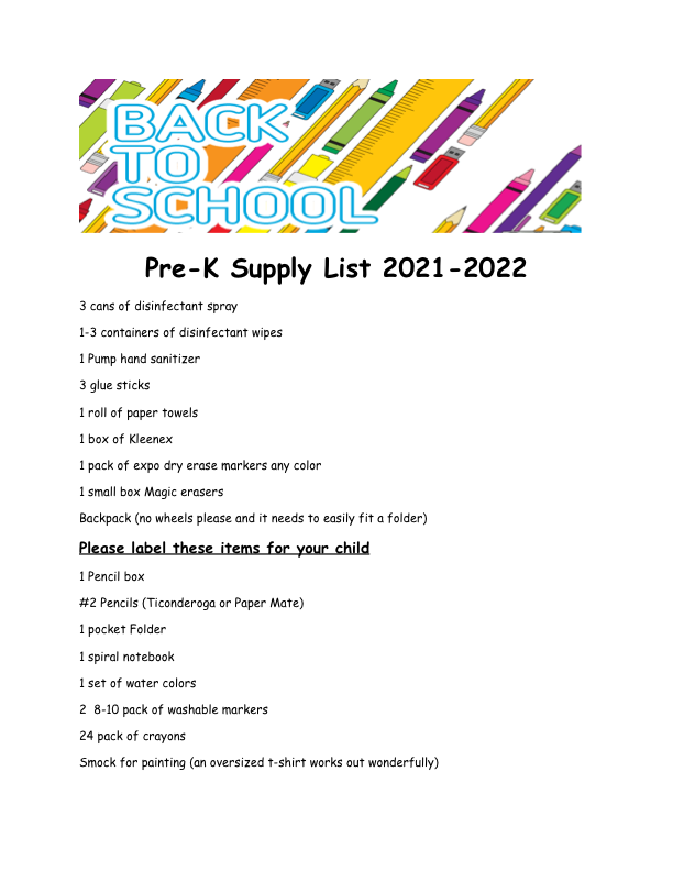 Pre K Supply List (2022-23)